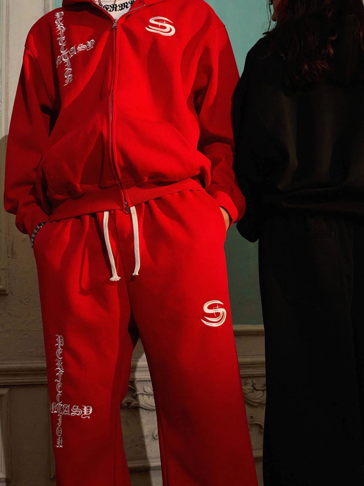 Gothic Letter Cross Embroidery Zip Up Hoodie and Sweatpants Set - Image 11