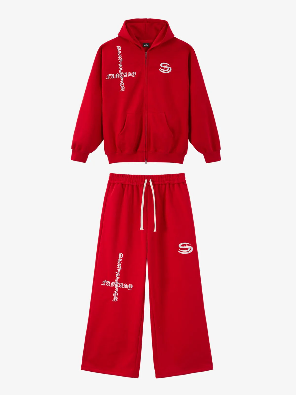 Gothic Letter Cross Embroidery Zip Up Hoodie and Sweatpants Set - Image 3