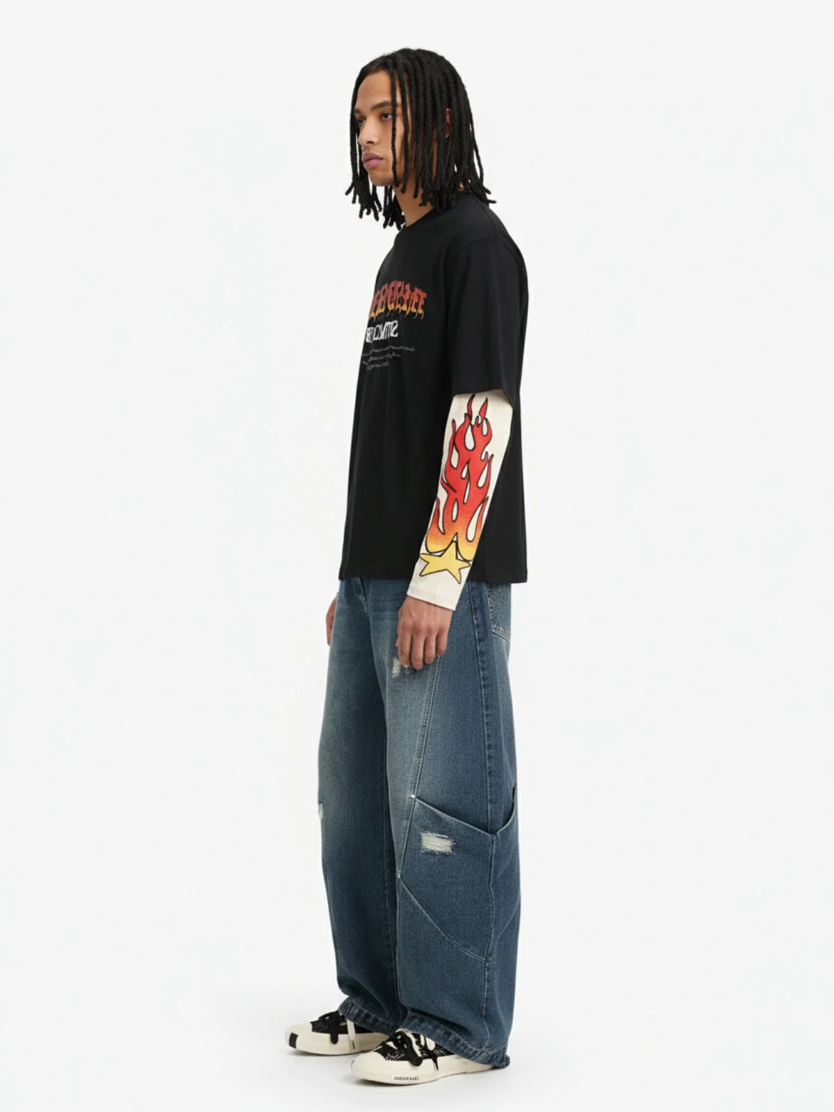 Gradient Letter Print Patchwork Faux Two-Piece Long-Sleeved T-Shirt - Image 5