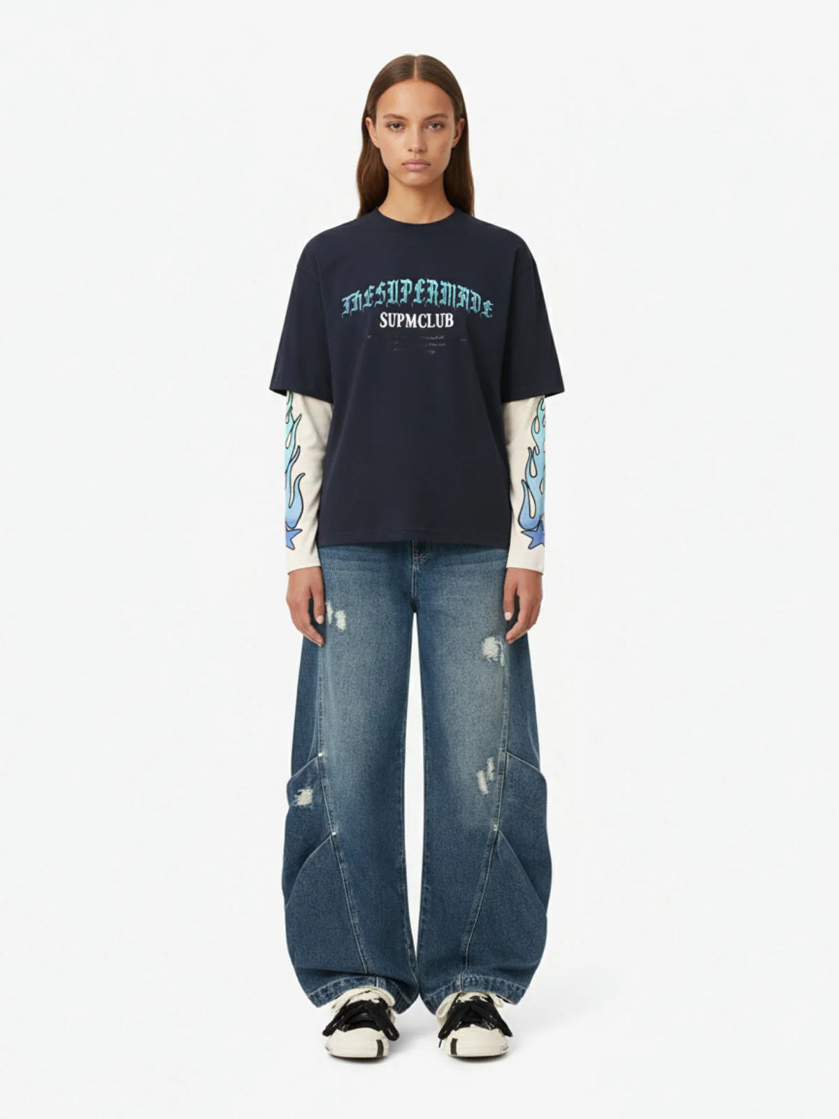 Gradient Letter Print Patchwork Faux Two-Piece Long-Sleeved T-Shirt - Image 6