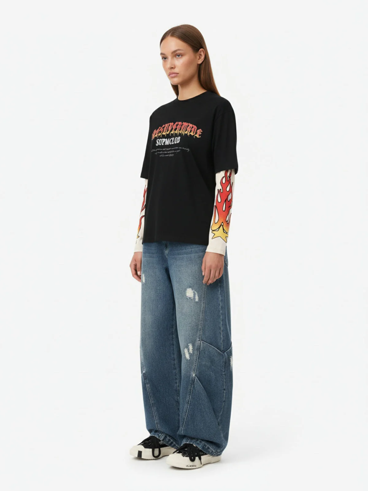 Gradient Letter Print Patchwork Faux Two-Piece Long-Sleeved T-Shirt - Image 7