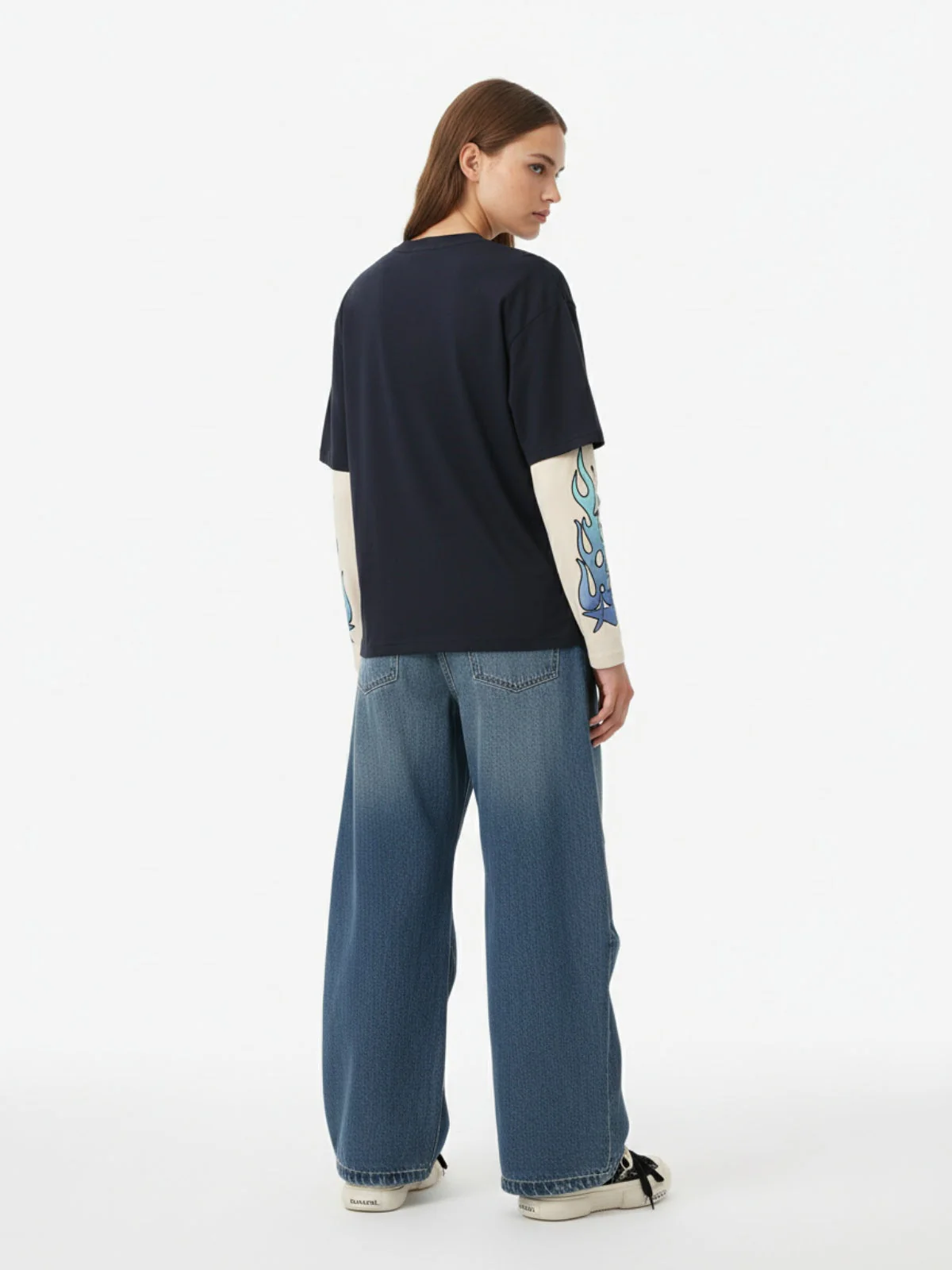 Gradient Letter Print Patchwork Faux Two-Piece Long-Sleeved T-Shirt - Image 8