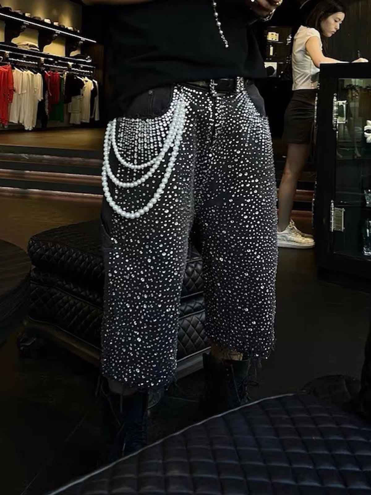 Gradient Rhinestone Embellished Denim Jorts - Image 3
