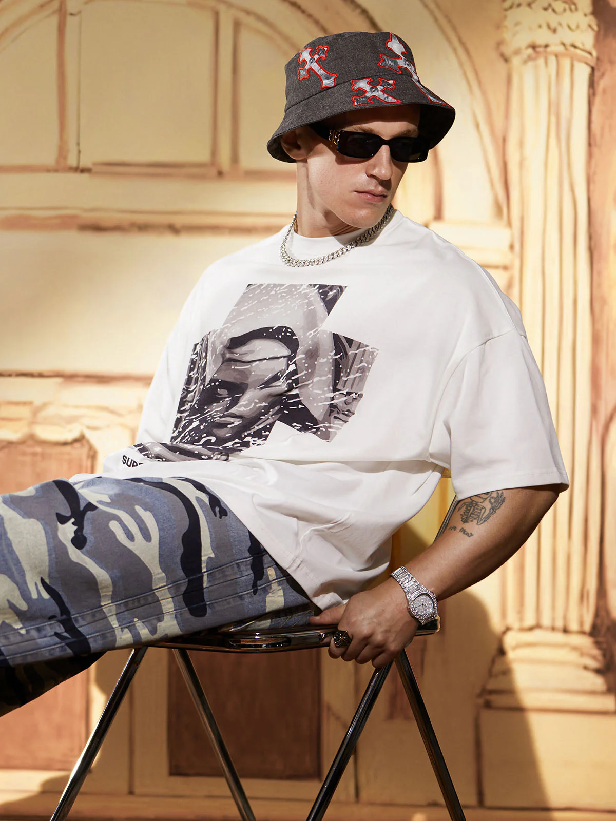 Cross And Portrait Denim Bucket Hat - Image 10