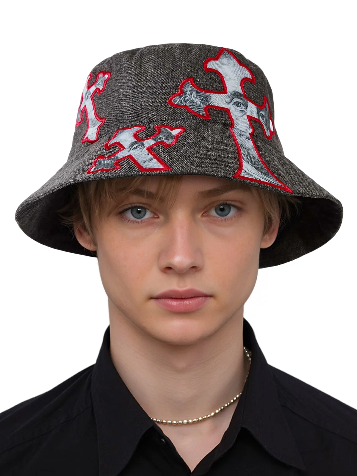 Cross And Portrait Denim Bucket Hat - Image 2