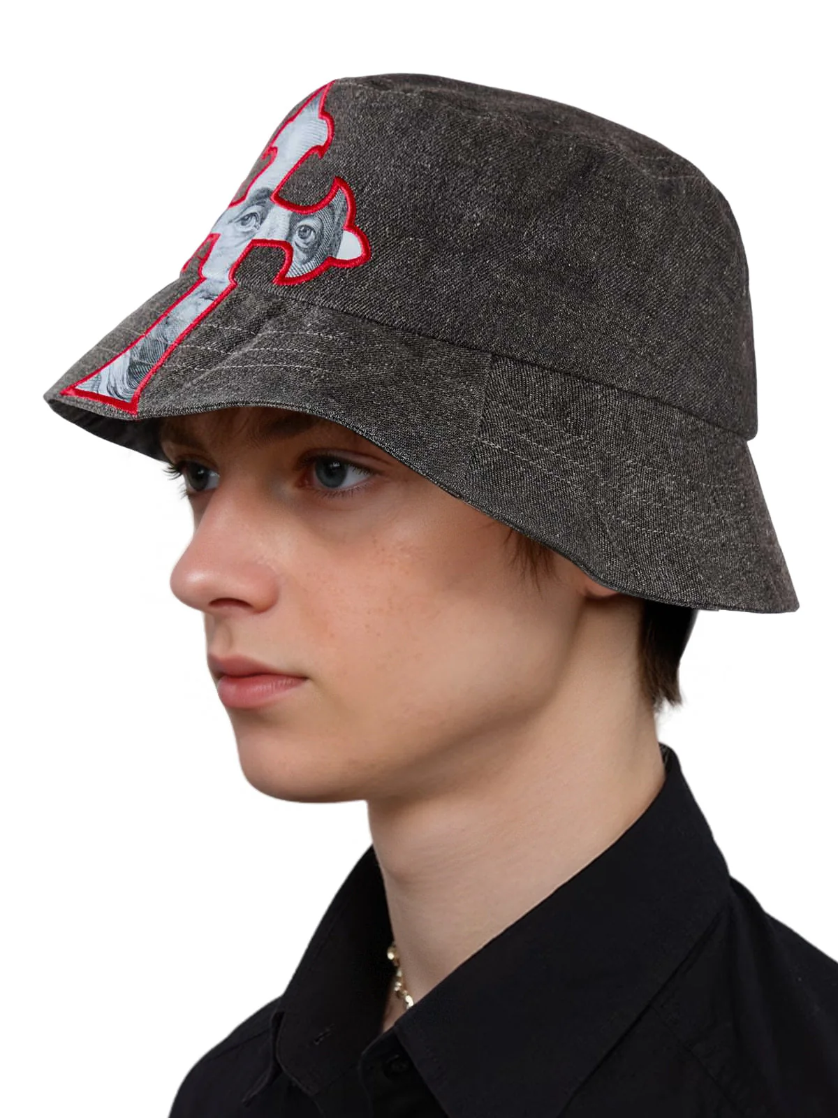 Cross And Portrait Denim Bucket Hat - Image 3