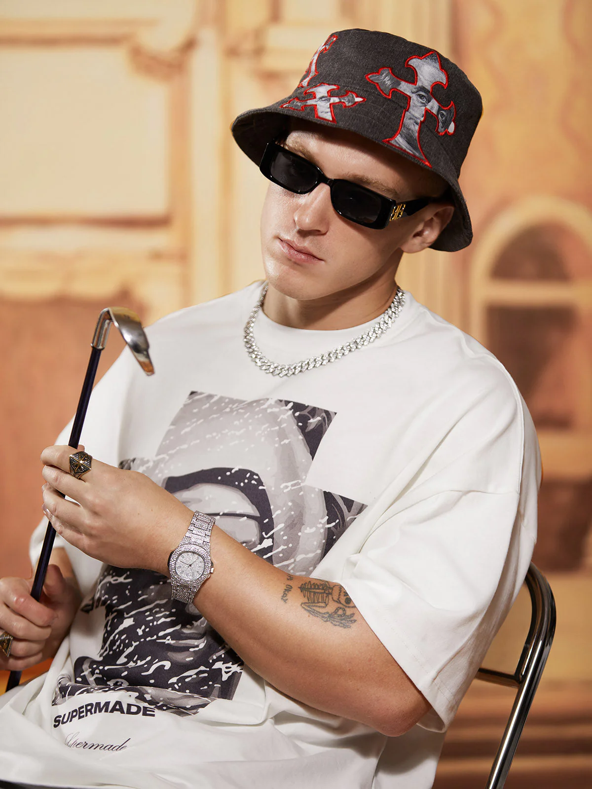 Cross And Portrait Denim Bucket Hat - Image 6
