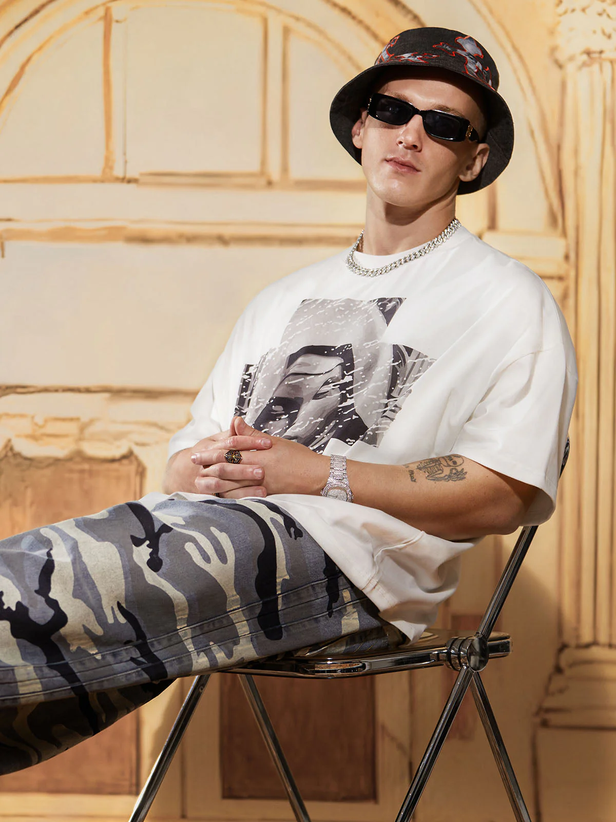 Cross And Portrait Denim Bucket Hat - Image 8