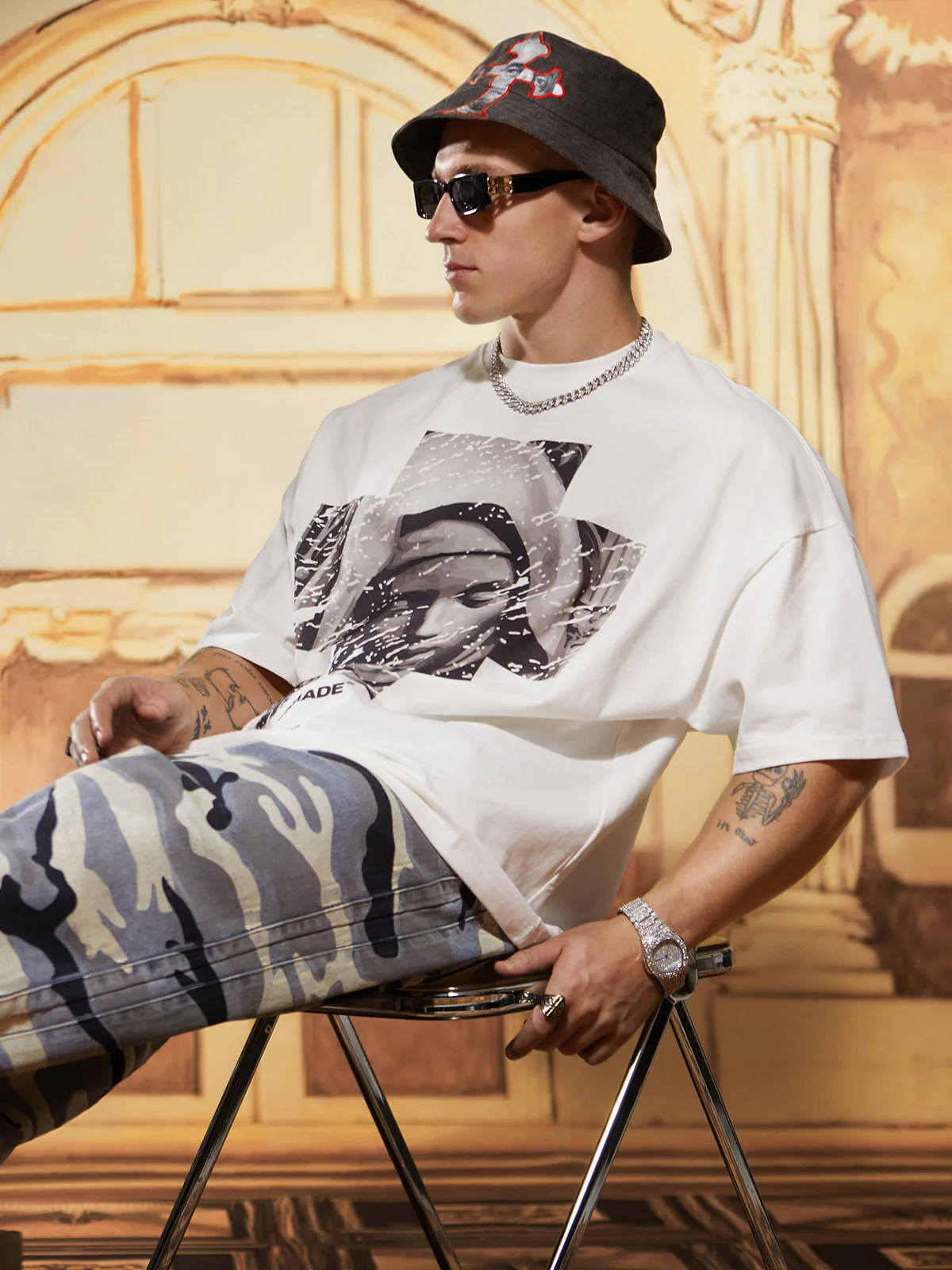 Cross And Portrait Denim Bucket Hat - Image 9