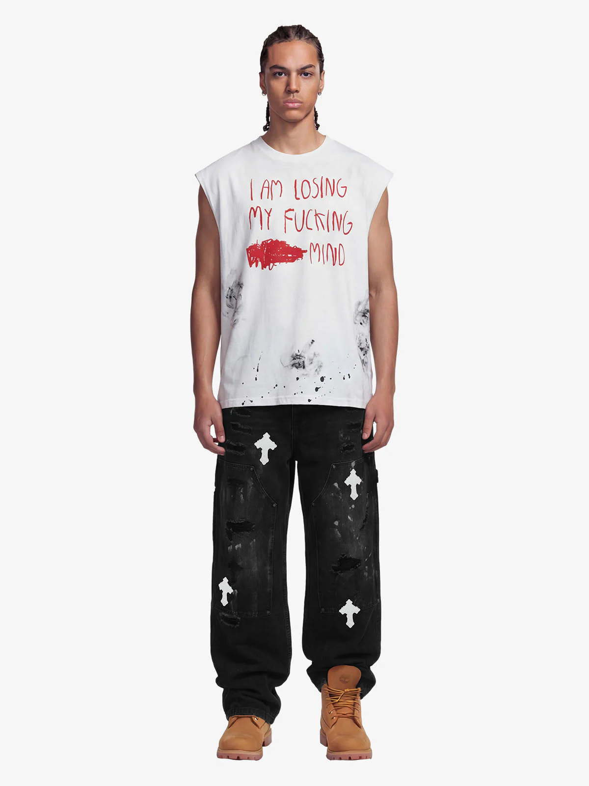 Grunge Slogan Print Distressed Raw Hem Sleeveless T-Shirt - Image 4