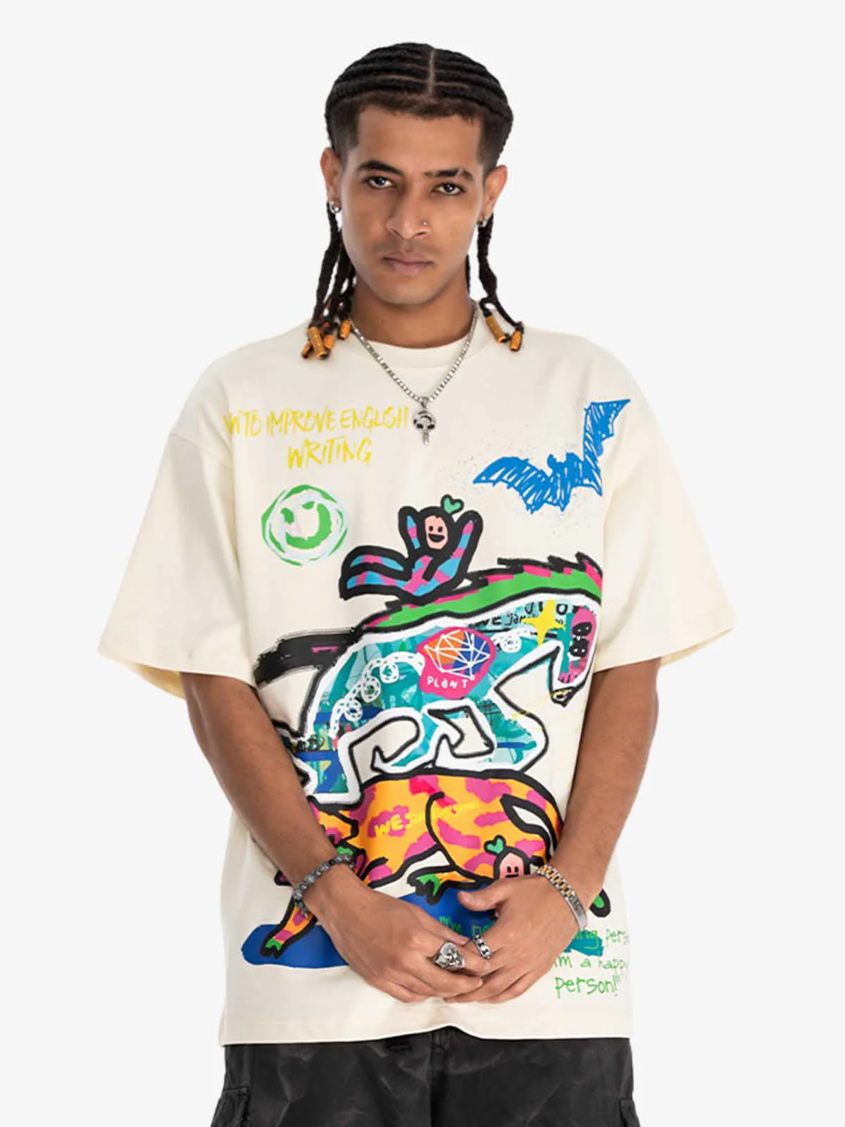 Hand-Painted Graffiti Animal Illustration Graphic T-Shirt