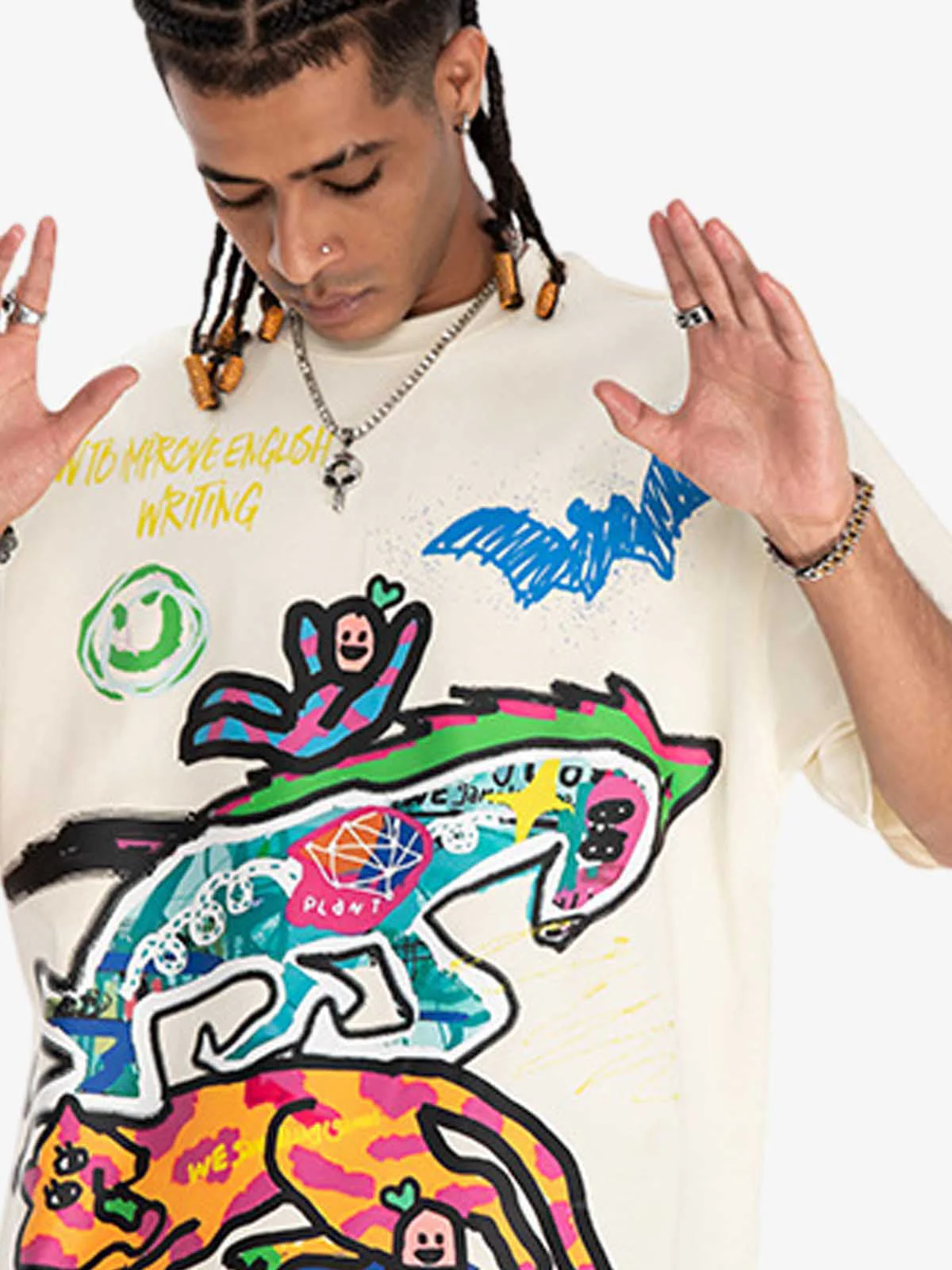 Hand-Painted Graffiti Animal Illustration Graphic T-Shirt - Image 6