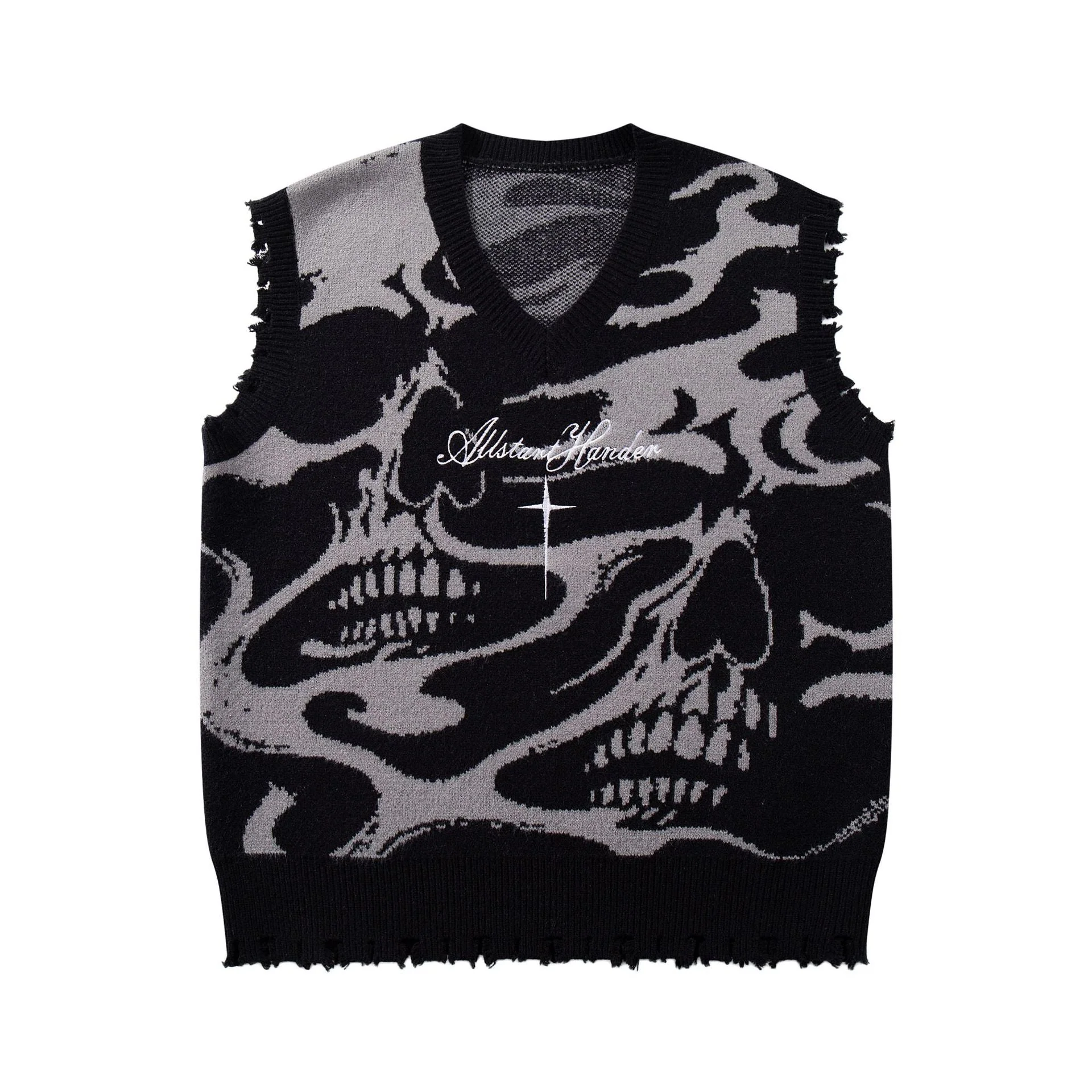 High Street Dark Skull Frayed-edge V-neck Sweater Vest - Image 11