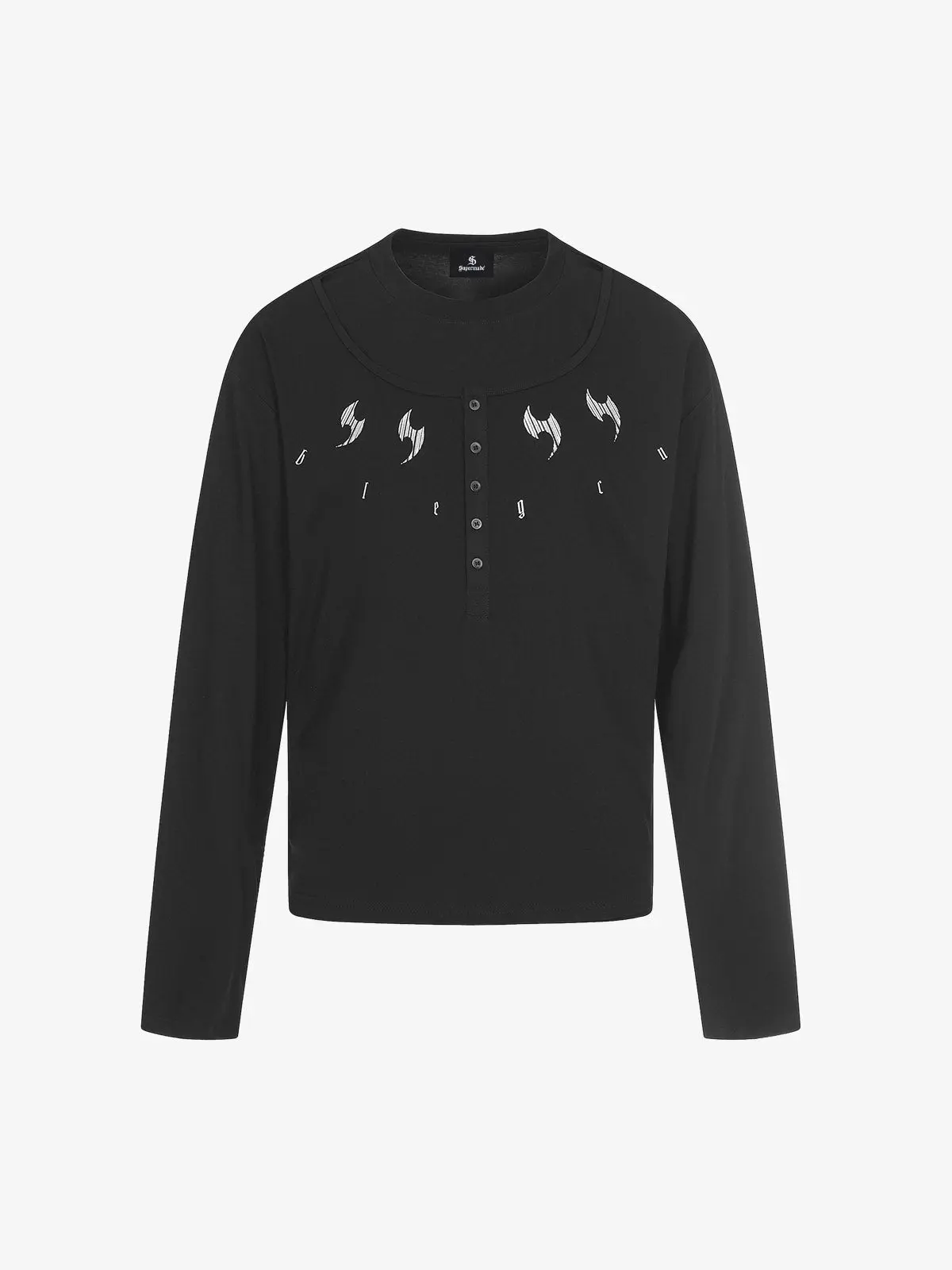 Layered Neck Button Detail Long Sleeve T-Shirt - Image 2