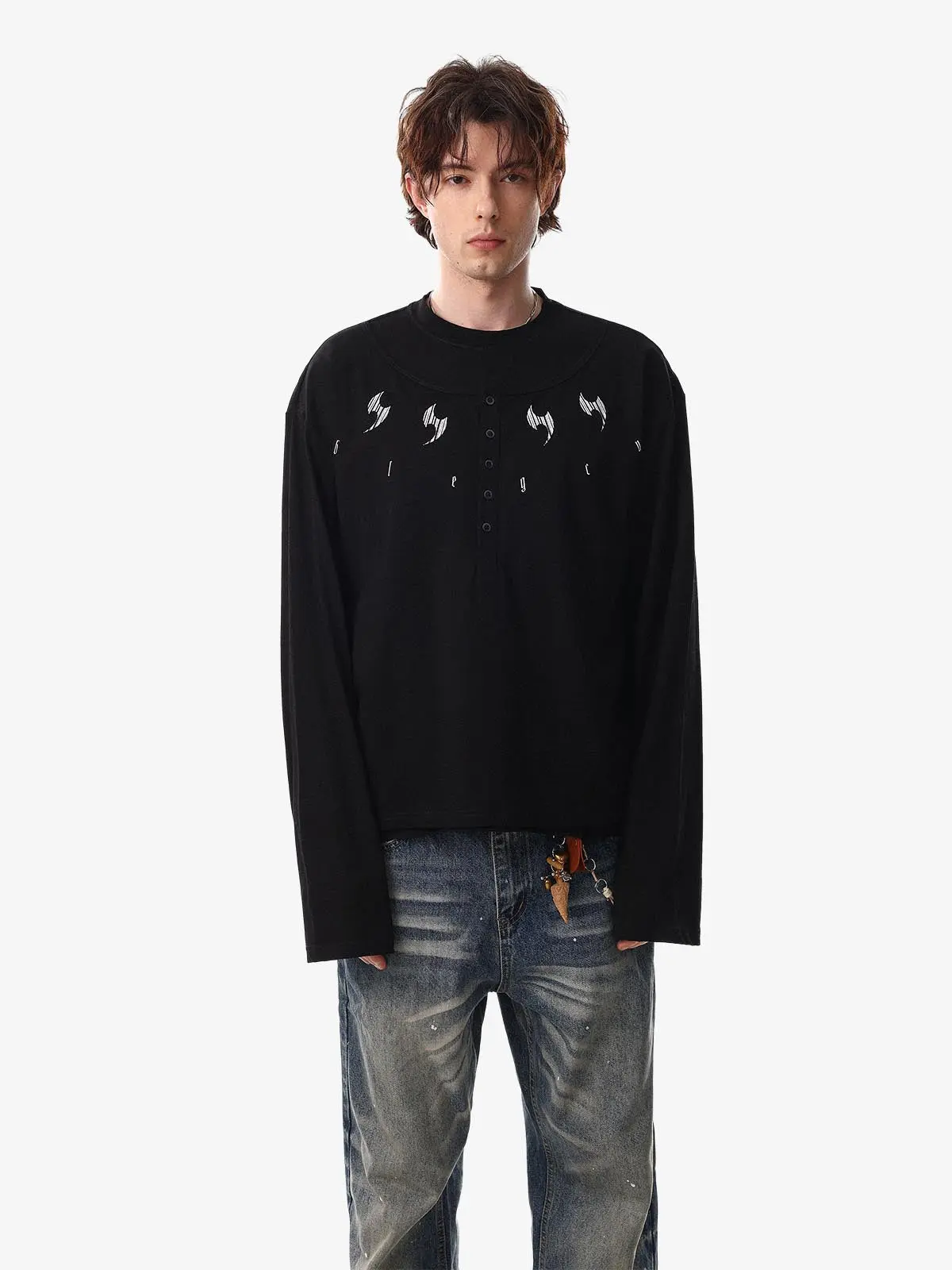 Layered Neck Button Detail Long Sleeve T-Shirt - Image 3
