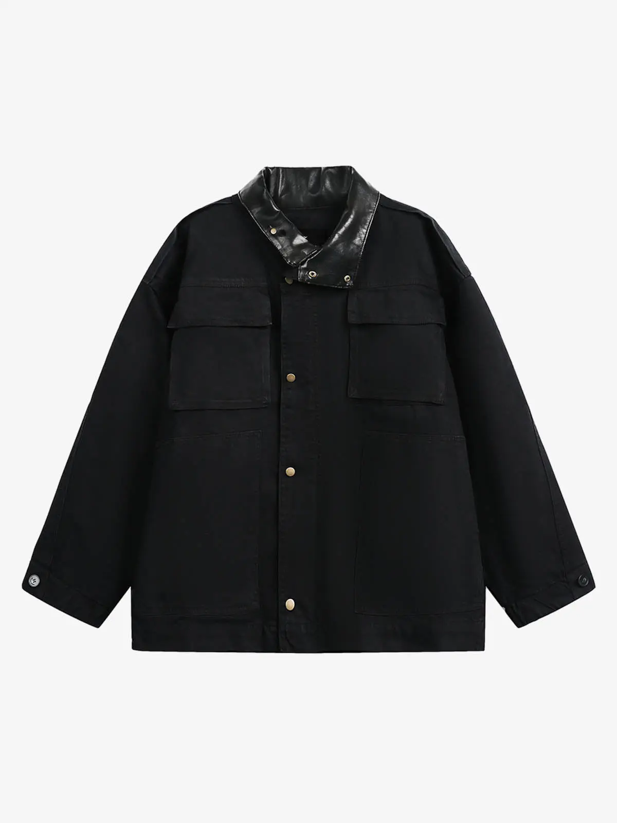 Leather Contrast Fold-Over Collar Multi Pocket Jacket - Image 2