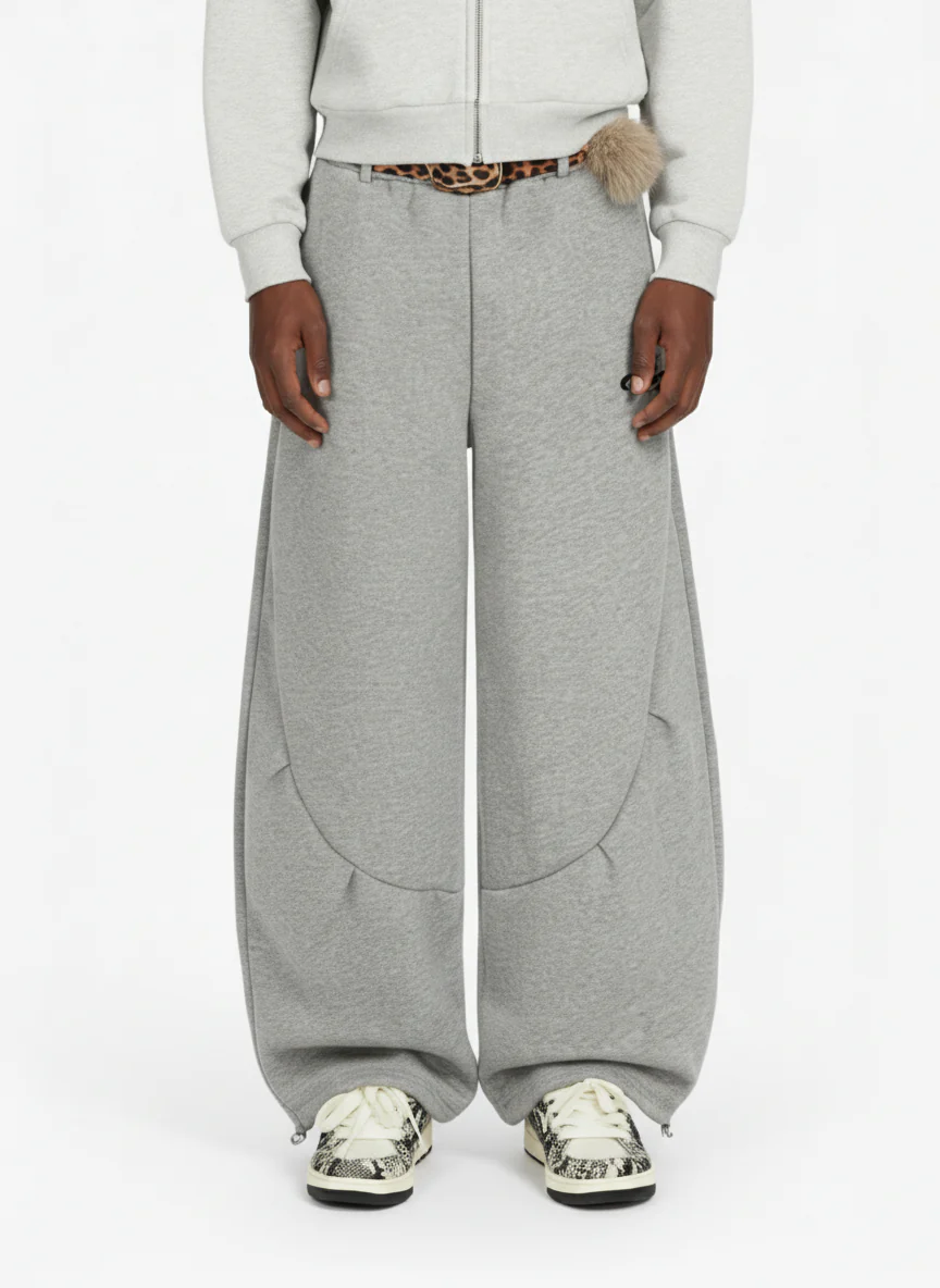 Leopard Belt Fur-Pom Detail Fleece Wide-Leg Pants