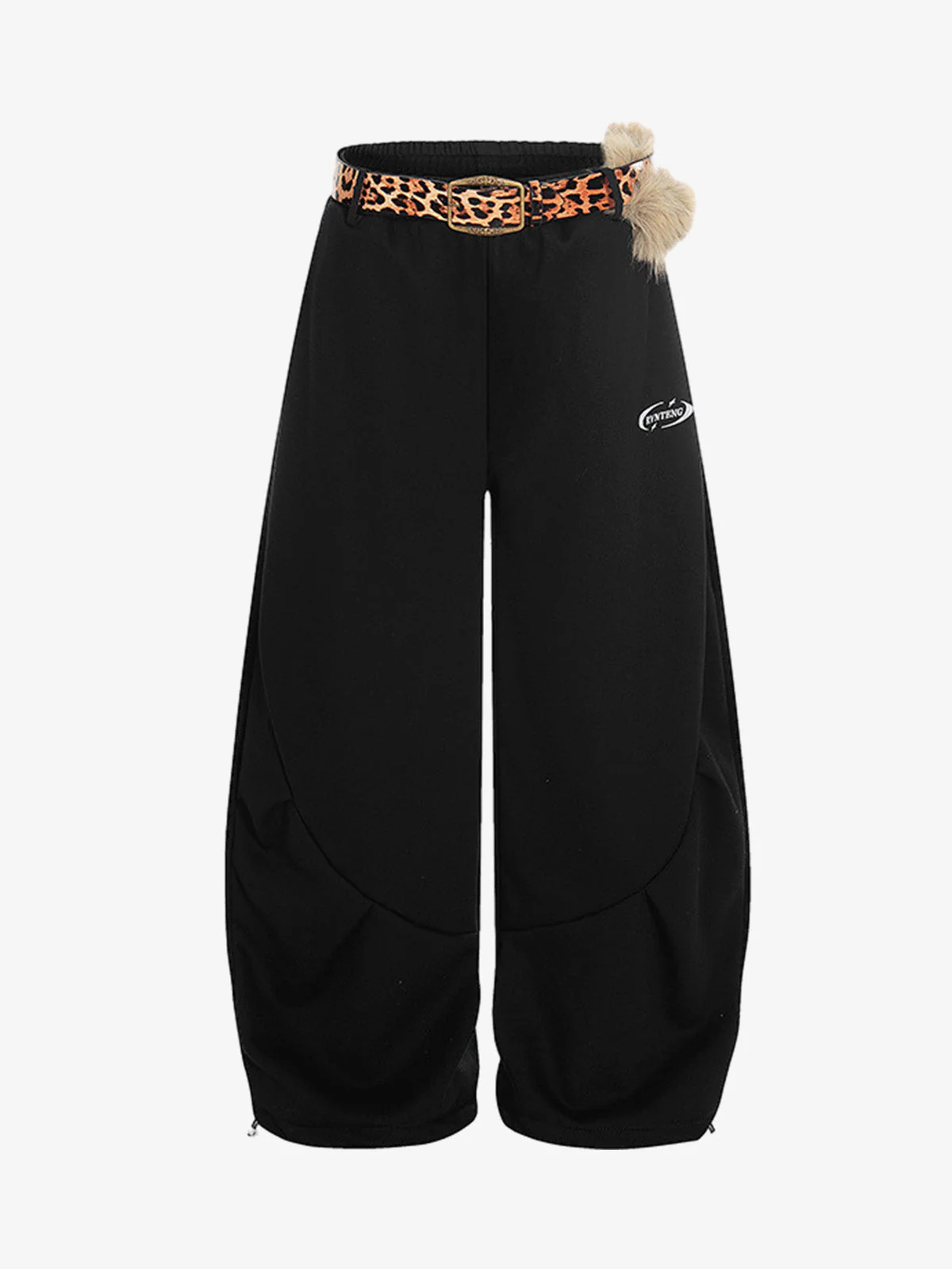 Leopard Belt Fur-Pom Detail Fleece Wide-Leg Pants - Image 2