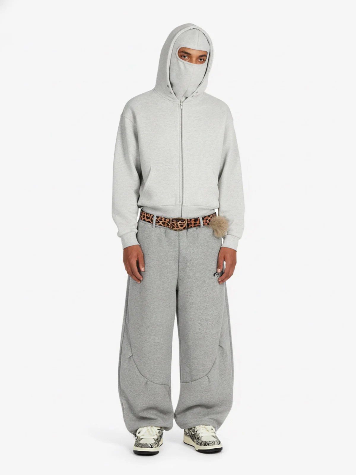 Leopard Belt Fur-Pom Detail Fleece Wide-Leg Pants - Image 3