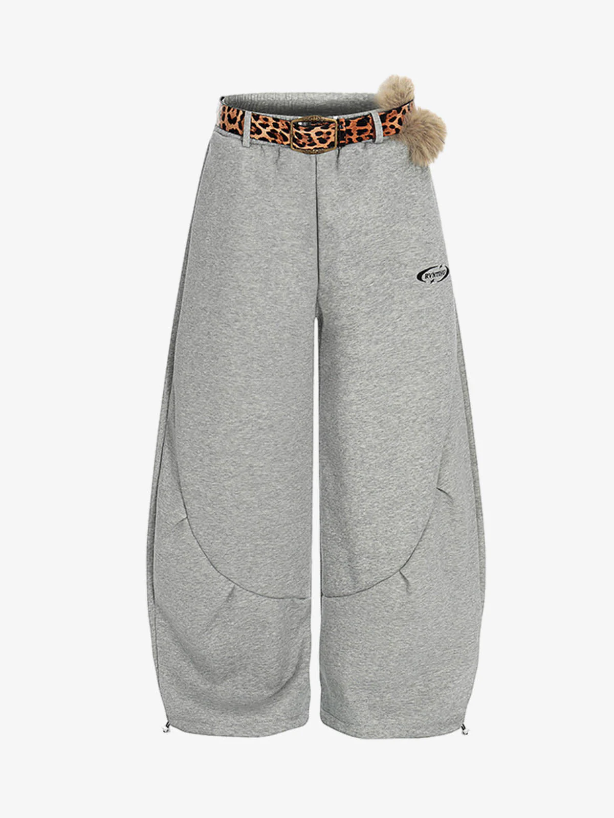 Leopard Belt Fur-Pom Detail Fleece Wide-Leg Pants - Image 4