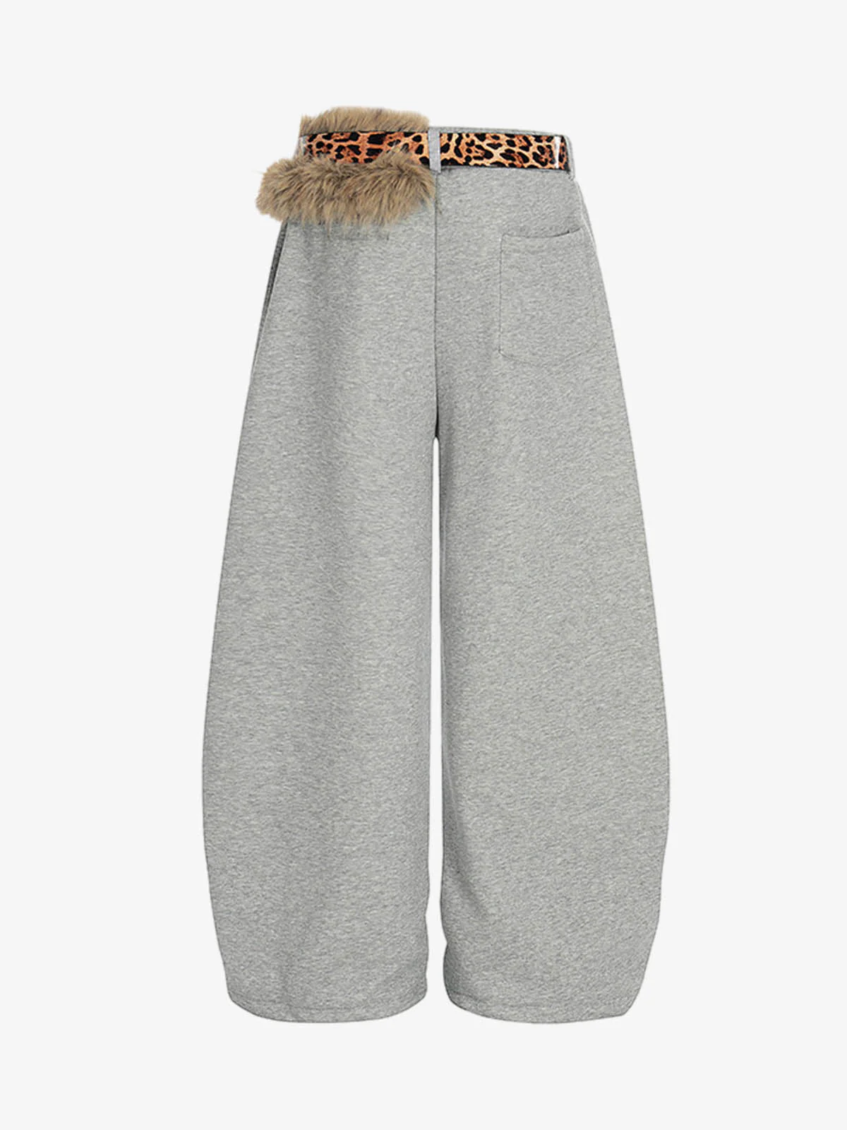 Leopard Belt Fur-Pom Detail Fleece Wide-Leg Pants - Image 5
