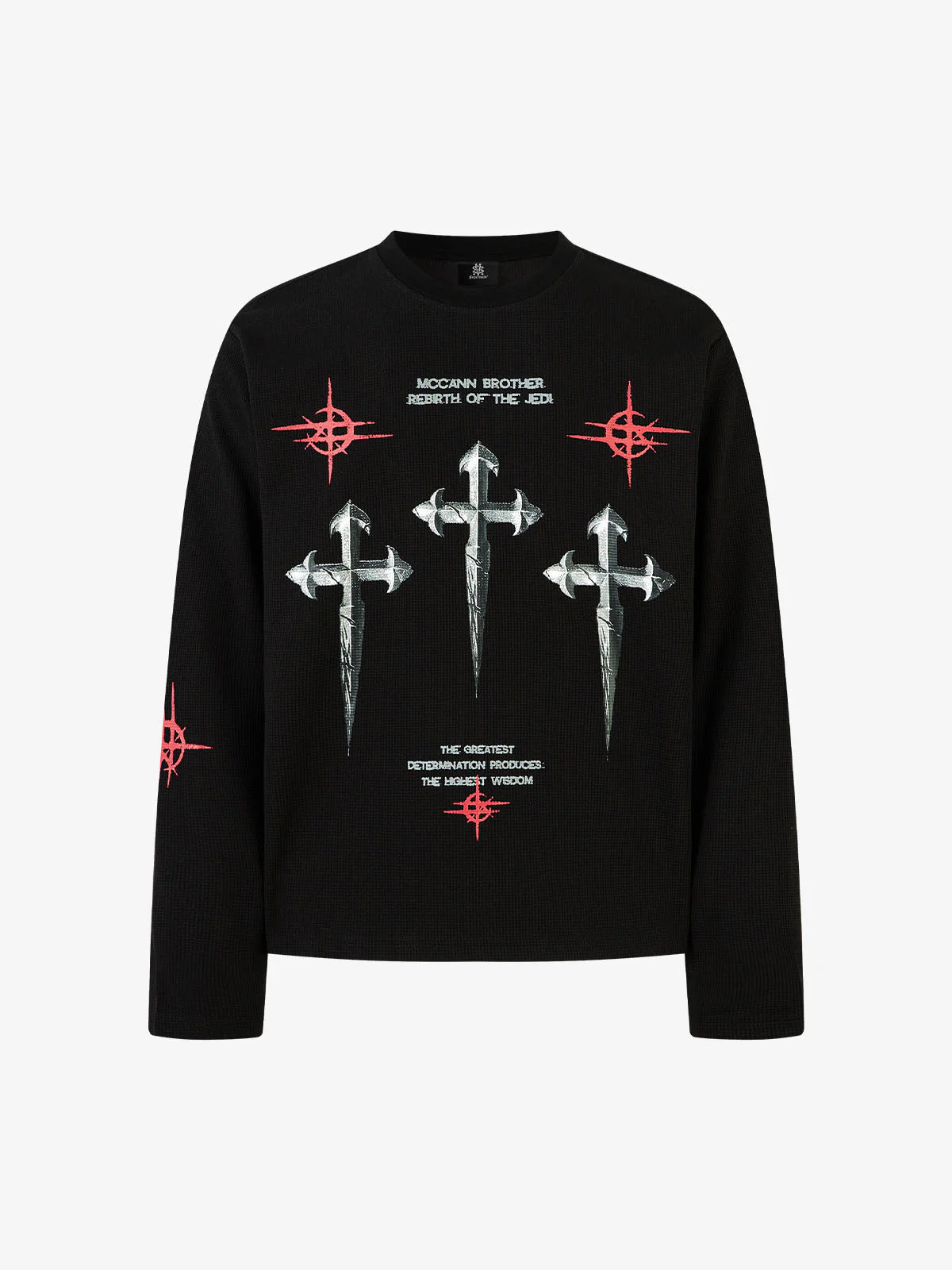 Letter Print Waffle Cross Long-Sleeved T-Shirt - Image 8