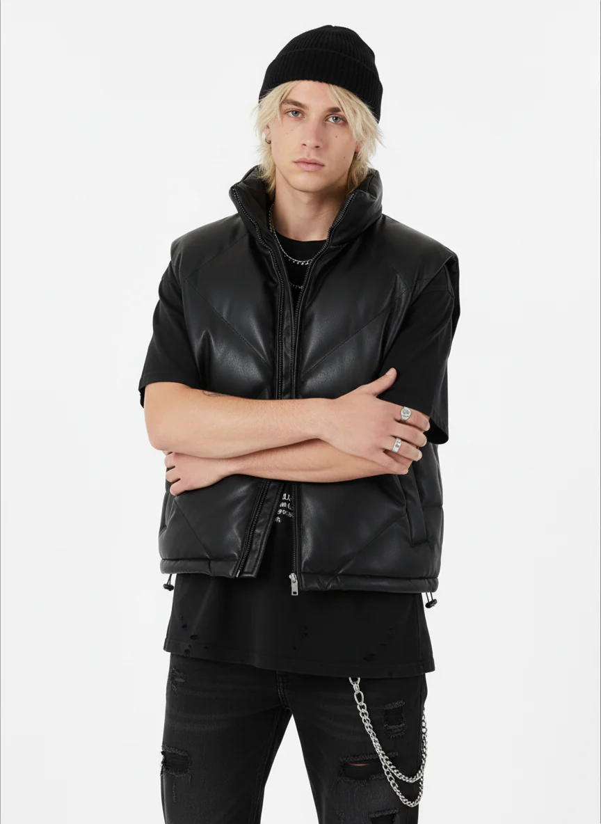 Minimalist Faux Leather Stand Collar Puffer Vest - Image 2