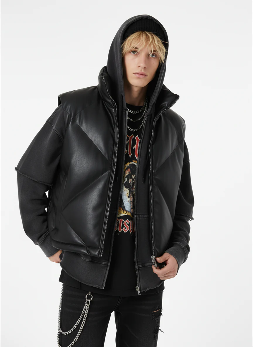 Minimalist Faux Leather Stand Collar Puffer Vest - Image 3