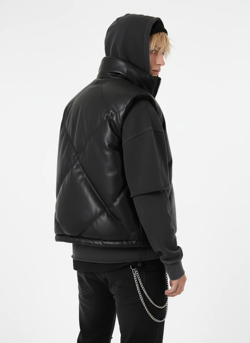 Minimalist Faux Leather Stand Collar Puffer Vest - Image 4