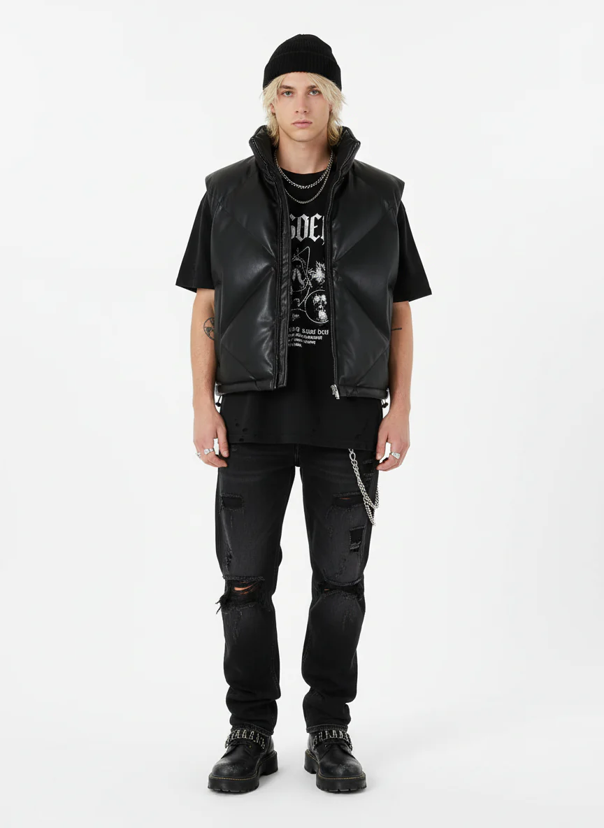 Minimalist Faux Leather Stand Collar Puffer Vest - Image 5