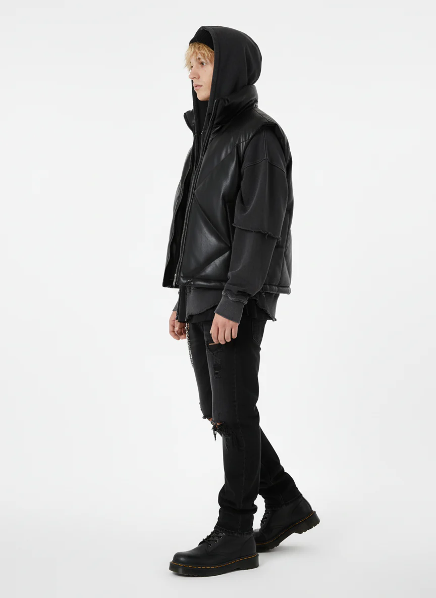 Minimalist Faux Leather Stand Collar Puffer Vest - Image 6