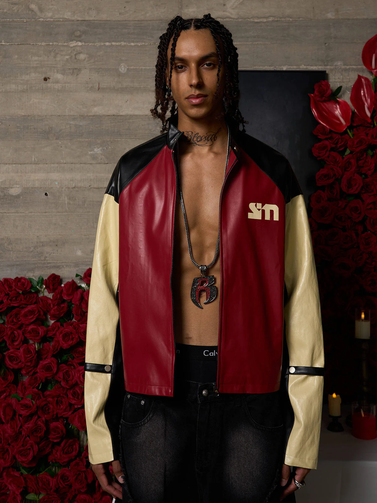 Original Contrast Color Leather Jacket - 2565 - Image 3