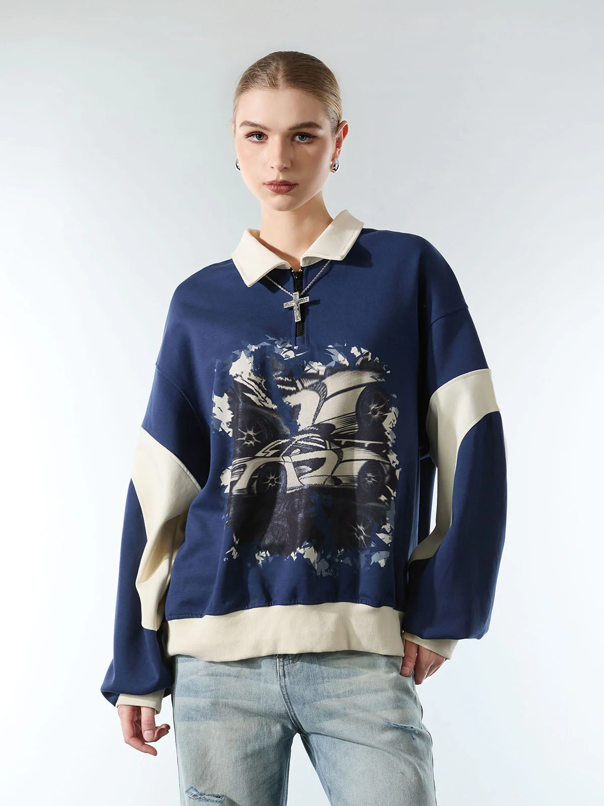 Original Racing Style Print Lapel Sweatshirt - Image 6