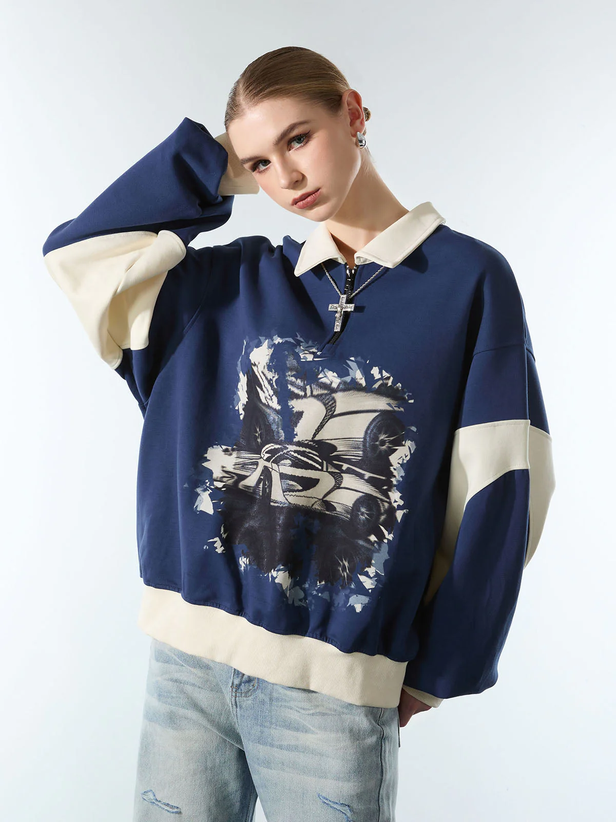 Original Racing Style Print Lapel Sweatshirt - Image 7