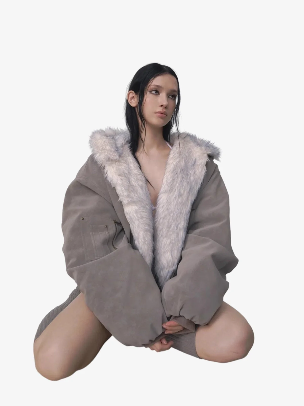Oversized Reversible Fur Hooded Jacket - 2544 - Image 4