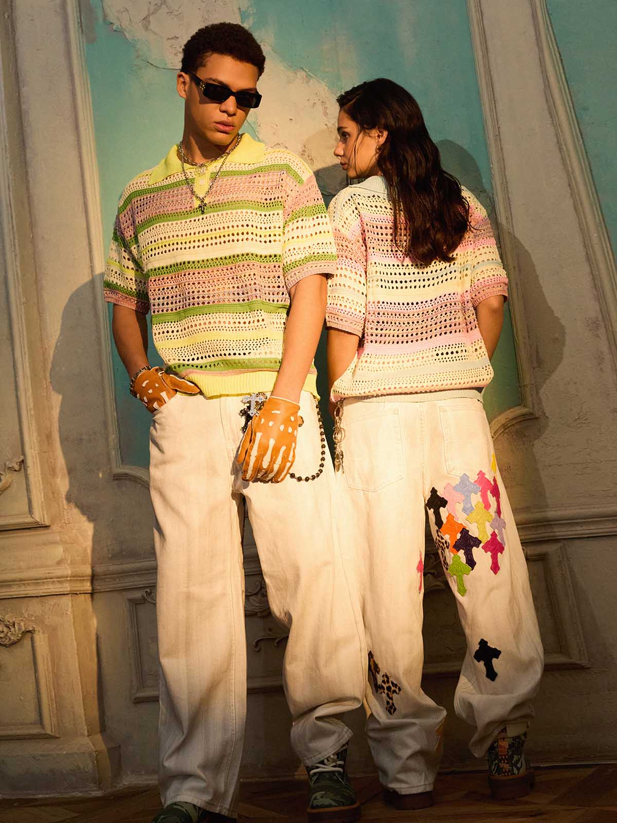 Pastel Striped Crochet Knit Short Sleeve Polo Shirt - Image 7