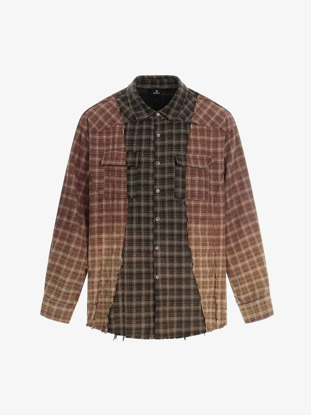 Patchwork Plaid Distressed Hem Shirt - Image 2