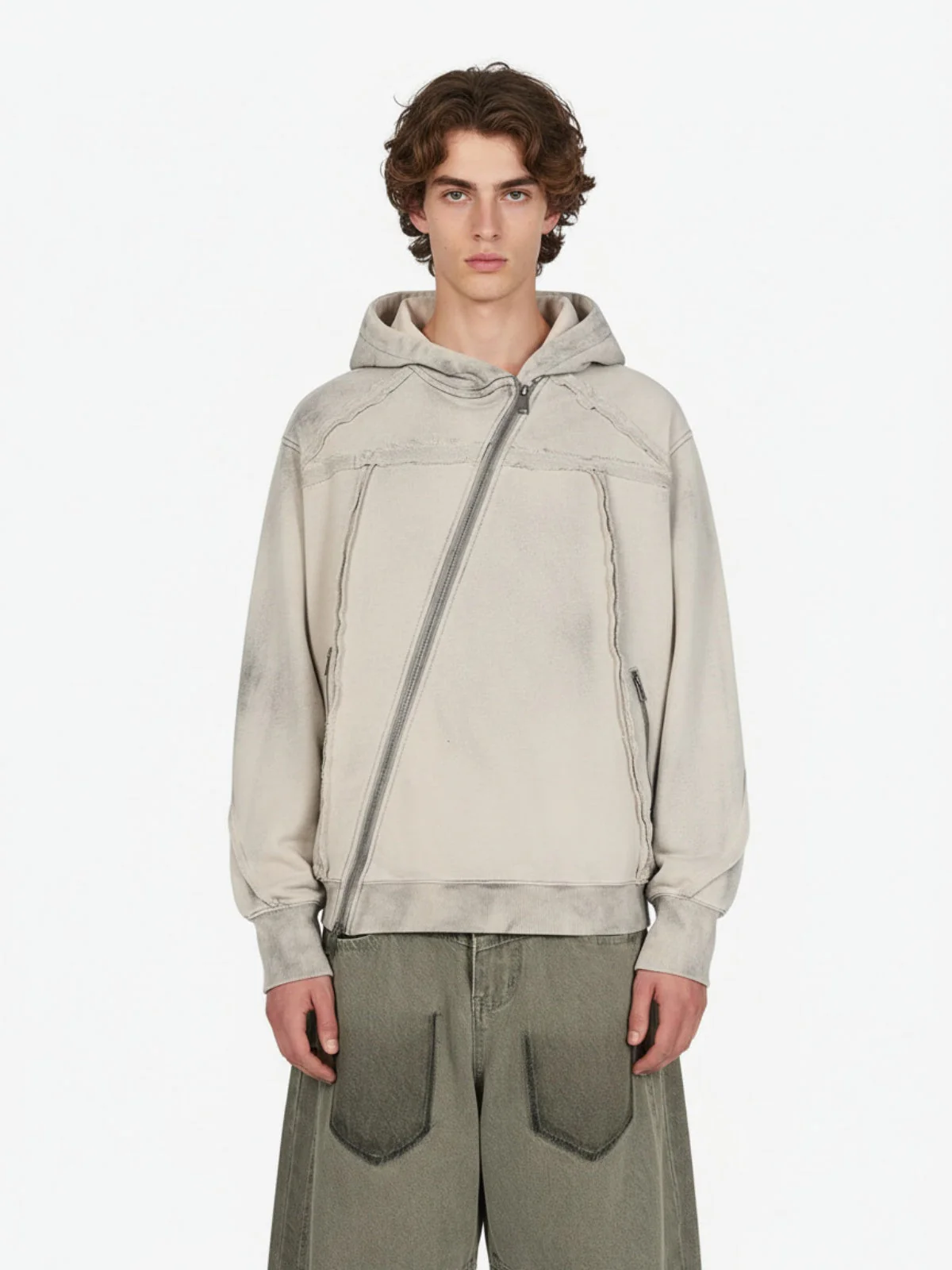 Retro Asymmetric Zip Up Deconstructed Hoodie