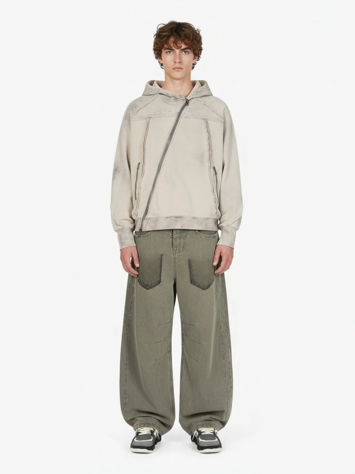 Retro Asymmetric Zip Up Deconstructed Hoodie - Image 3
