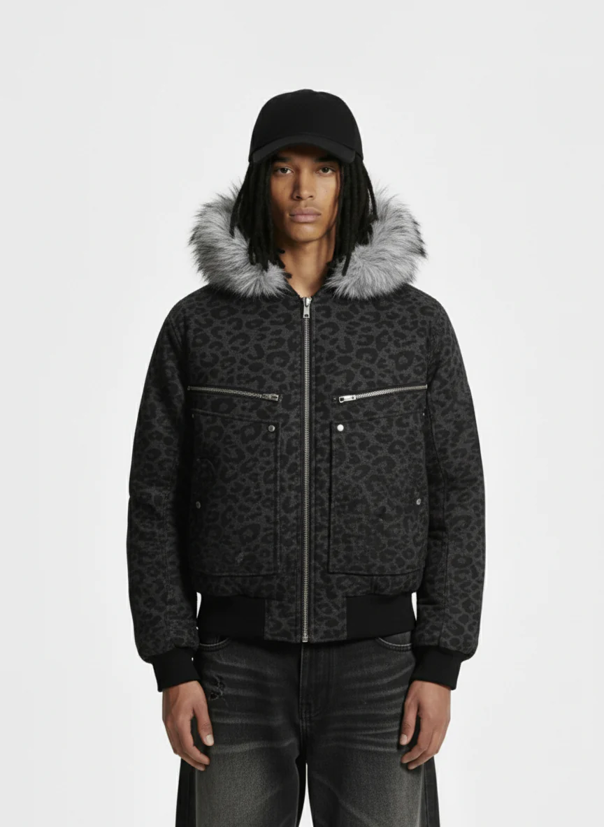 Retro Faux Fur Trimmed Hood Leopard Print Bomber Jacket
