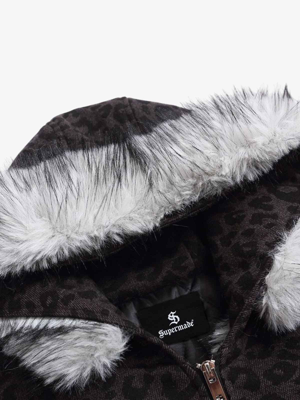 Retro Faux Fur Trimmed Hood Leopard Print Bomber Jacket - Image 11