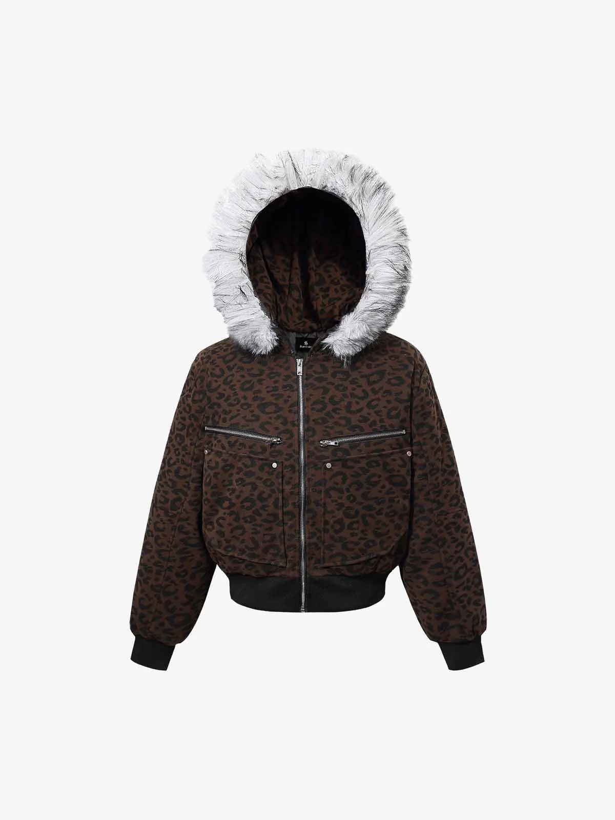 Retro Faux Fur Trimmed Hood Leopard Print Bomber Jacket - Image 2