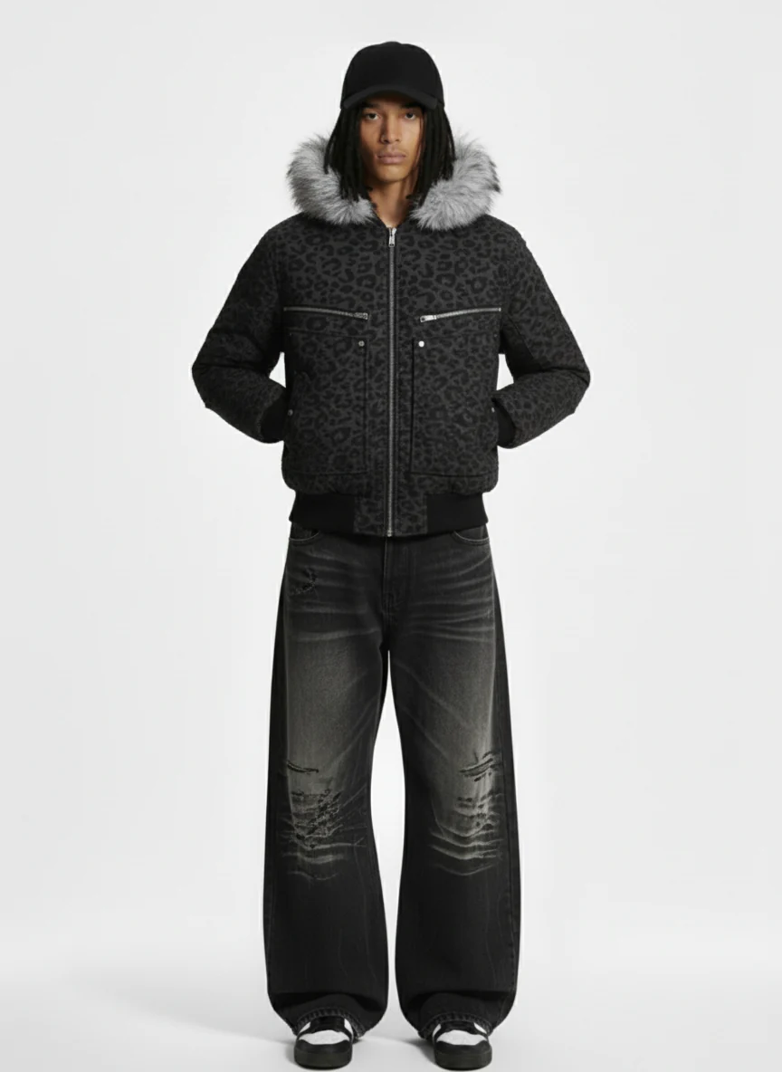 Retro Faux Fur Trimmed Hood Leopard Print Bomber Jacket - Image 4