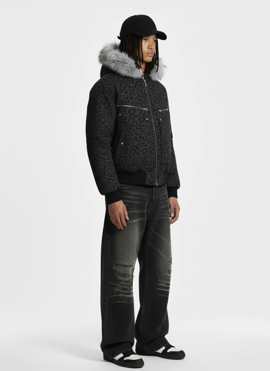 Retro Faux Fur Trimmed Hood Leopard Print Bomber Jacket - Image 5
