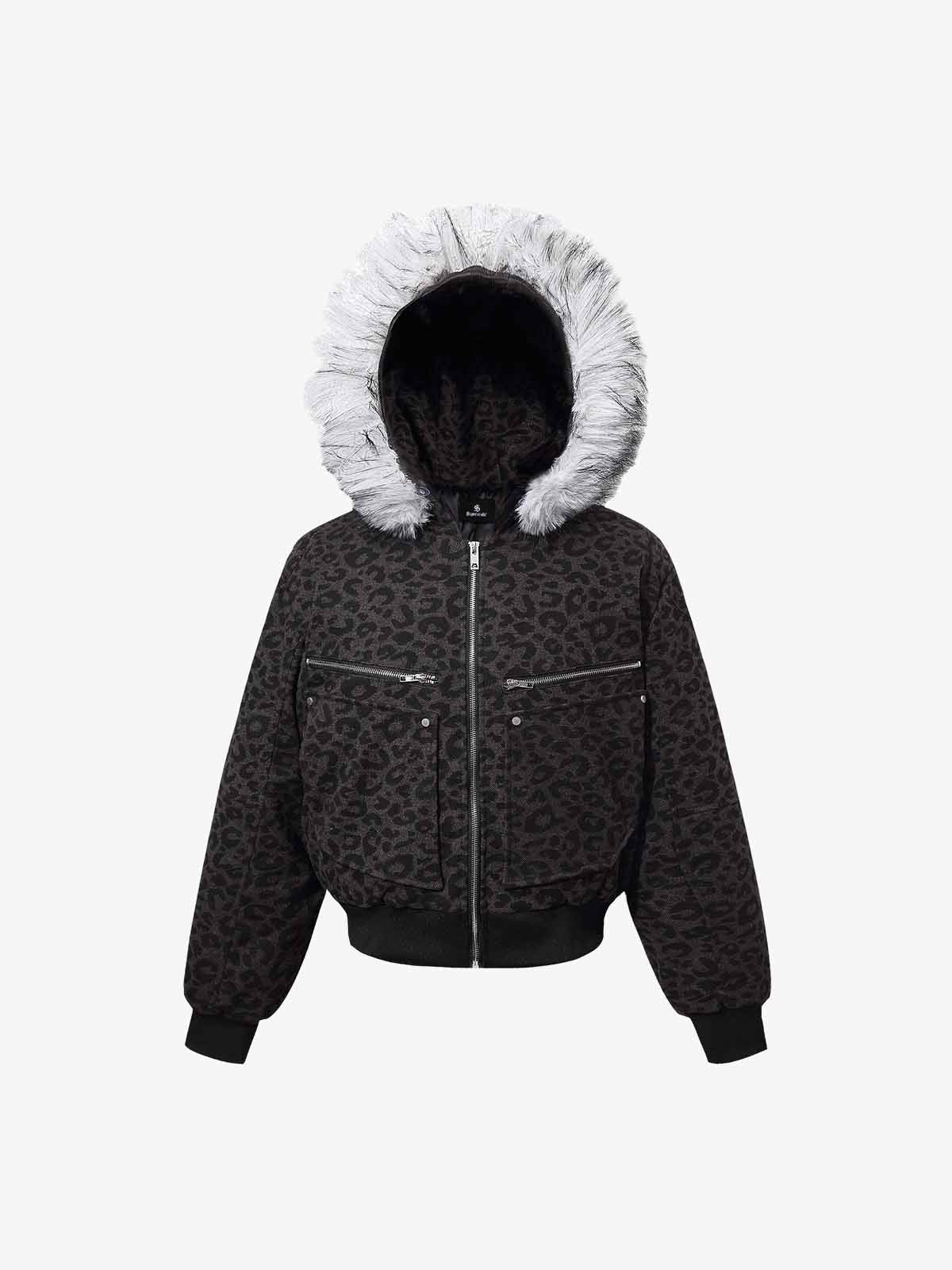 Retro Faux Fur Trimmed Hood Leopard Print Bomber Jacket - Image 6