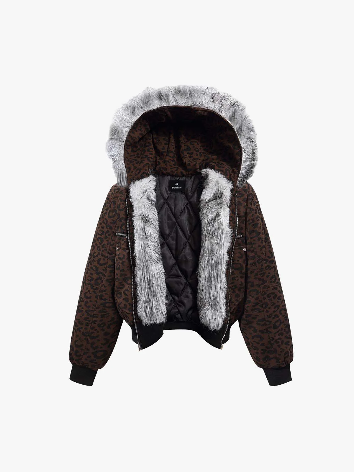 Retro Faux Fur Trimmed Hood Leopard Print Bomber Jacket - Image 7