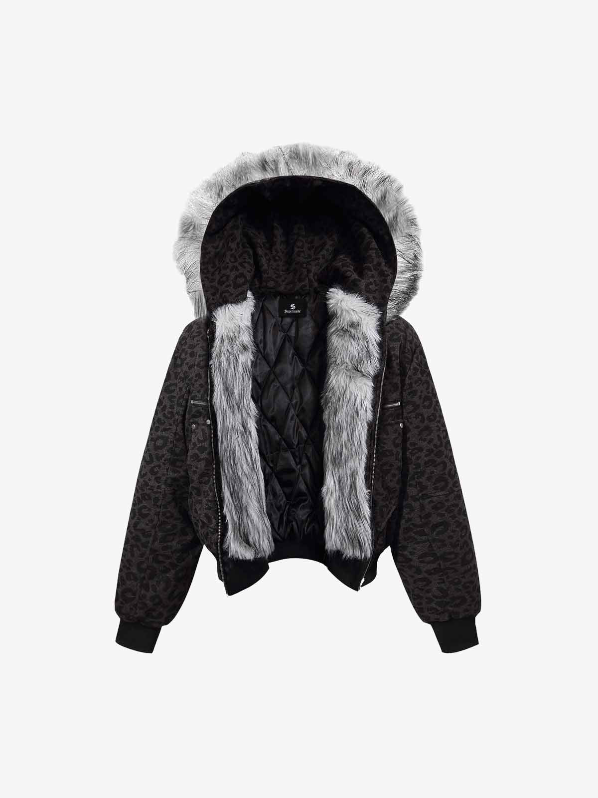 Retro Faux Fur Trimmed Hood Leopard Print Bomber Jacket - Image 8