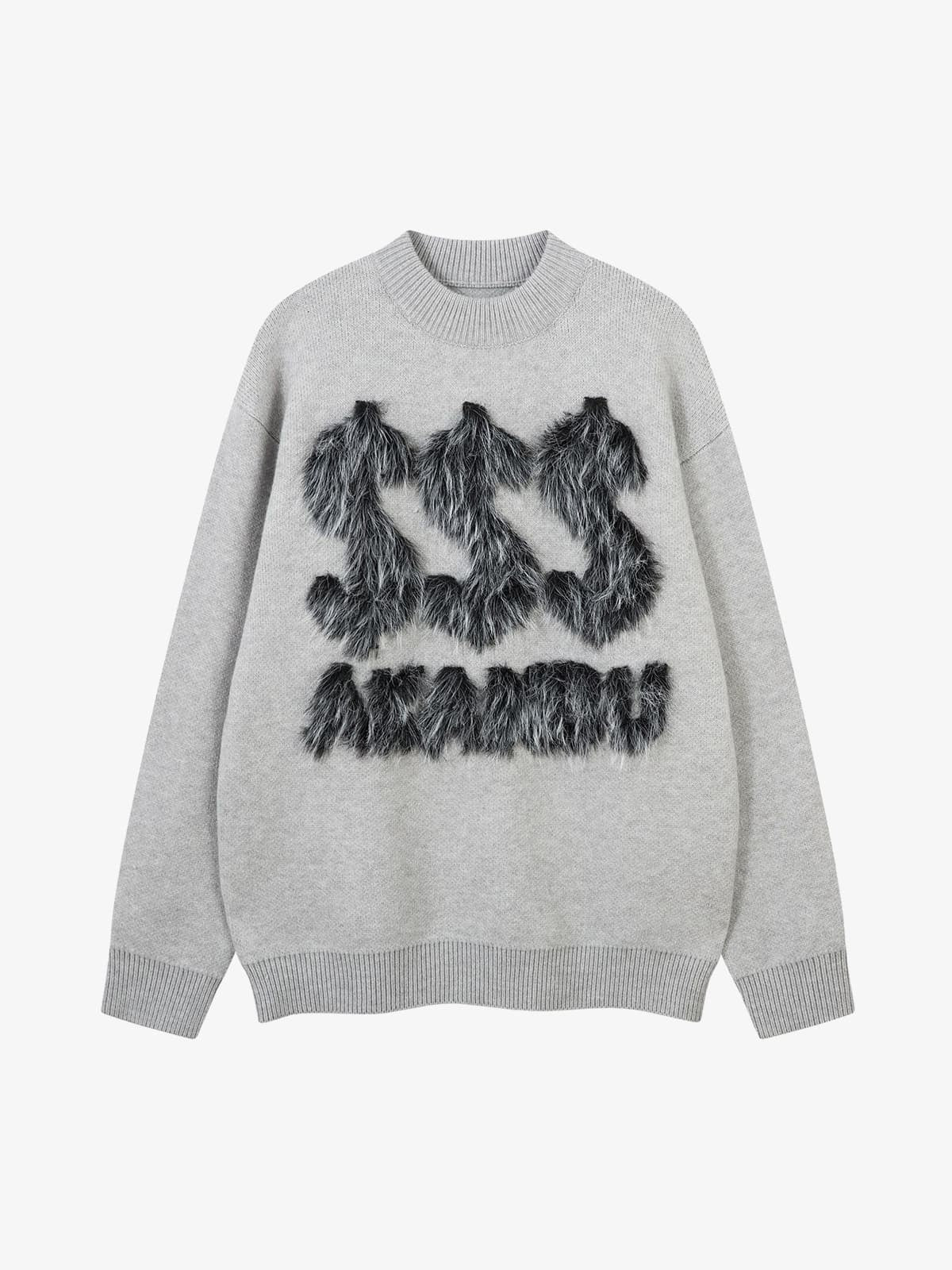 Retro Fuzzy Letter Patch Textured Knit Sweater - Image 2