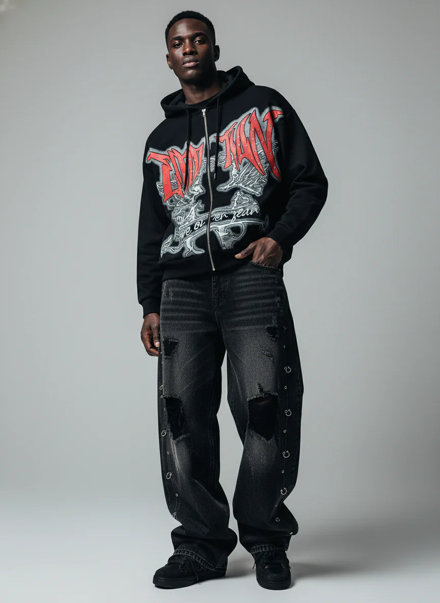 Retro Gothic Print Rhinestone Zip-Up Hoodie - Image 2