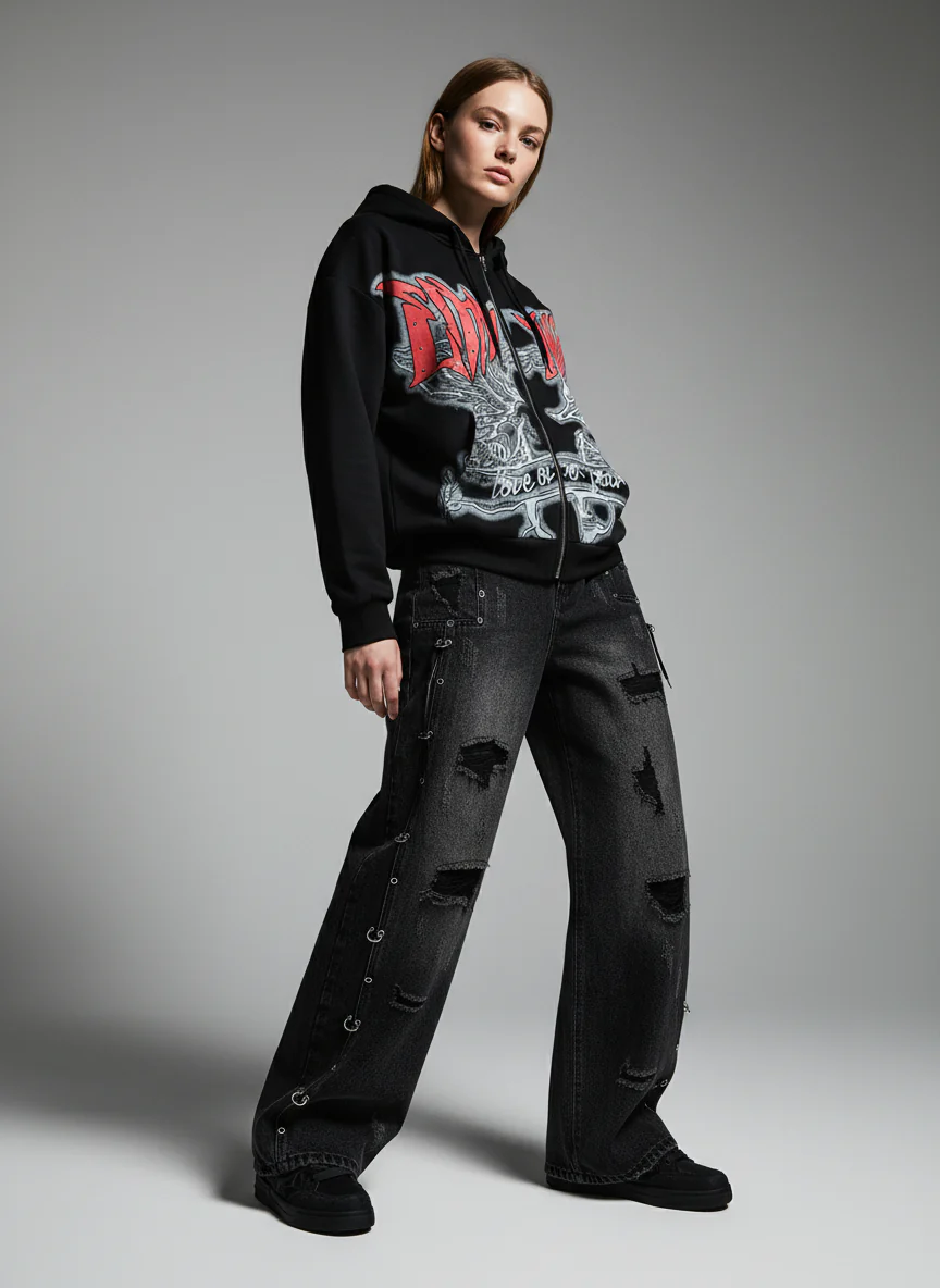 Retro Gothic Print Rhinestone Zip-Up Hoodie - Image 5